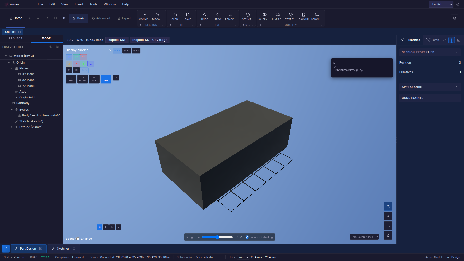 NeuroCAD — Sketch-based solid modeling and feature history.